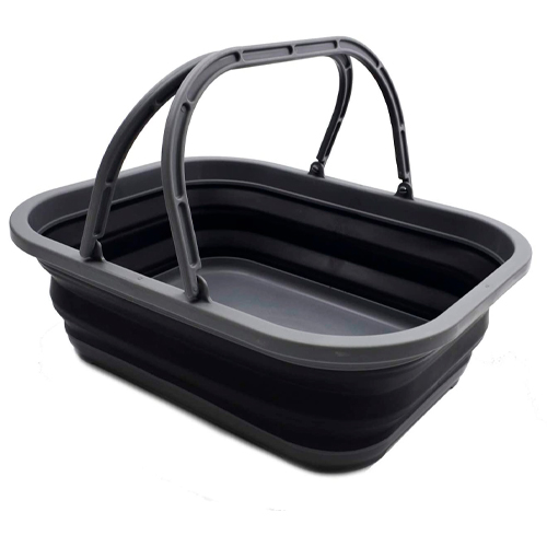 SAMMART Tina plegable de 12 L (3.17 galones) con asa – Cesta de picnic portátil al aire libre – Bolsa de compras plegable – Contenedor de almacenamiento que ahorra espacio (1, gris/negro)